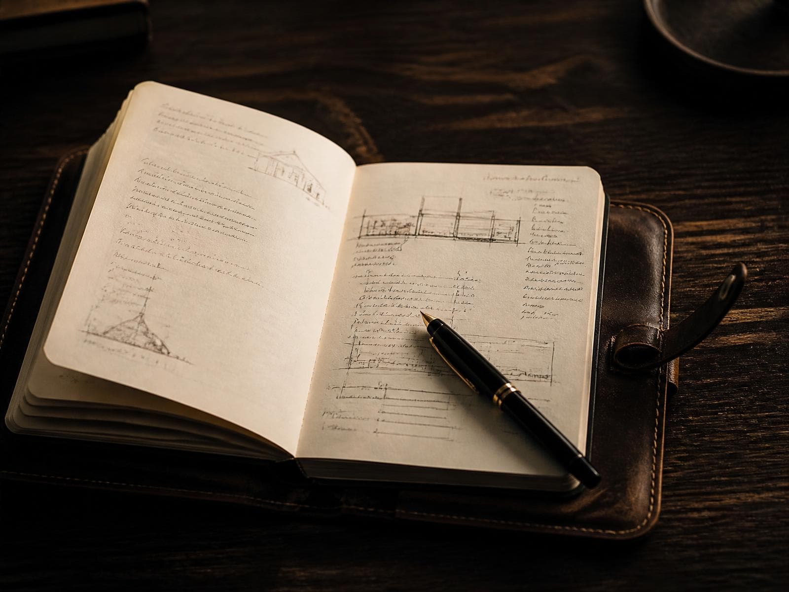 An open notebook with hand-drawn frameworks, arrows and marginalia — process rather than performance.